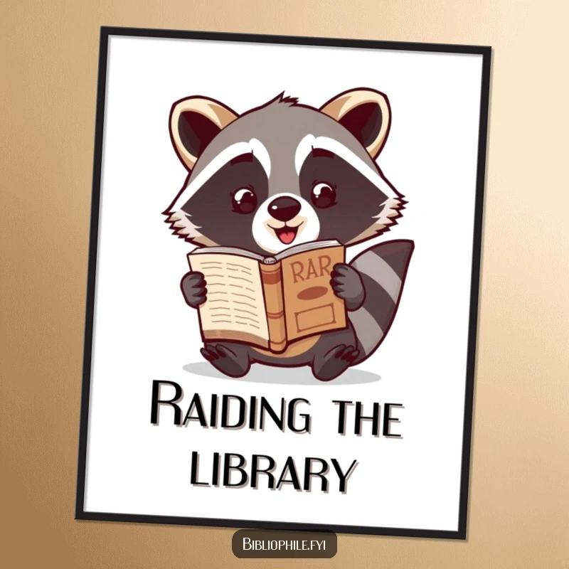 Funny Raccoon Poster showing a cute raccoon character excitedly showcasing a newly discovered rare book, adding adventurous and humorous art.