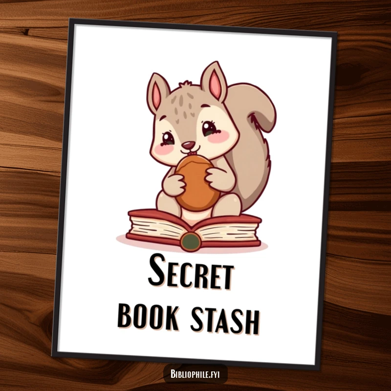 Funny poster of a cute squirrel character hiding a nut in a book, adding a touch of whimsy to decor.