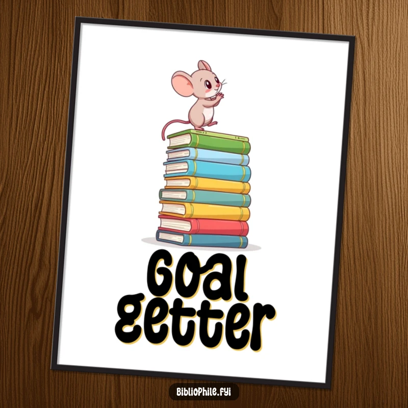 Funny poster art of a determined mouse climbing a towering book stack, symbolizing ambition and the pursuit of knowledge.
