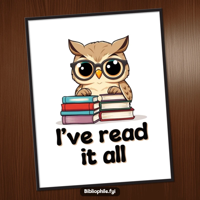 Funny owl wearing spectacles, intently studying a stack of books, creating a humorous wall art poster.
