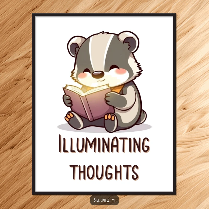 Funny cheerful badger reading a glowing book, designed as whimsical and enchanting wall art poster.