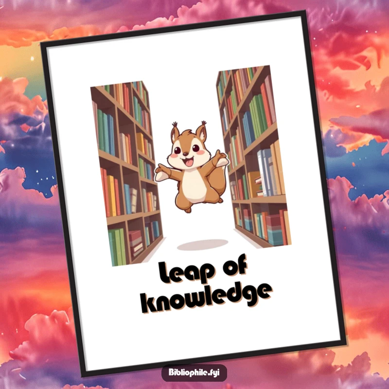 Funny poster showing an energetic squirrel character leaping between bookshelves, capturing the thrill of literary exploration and active discovery.