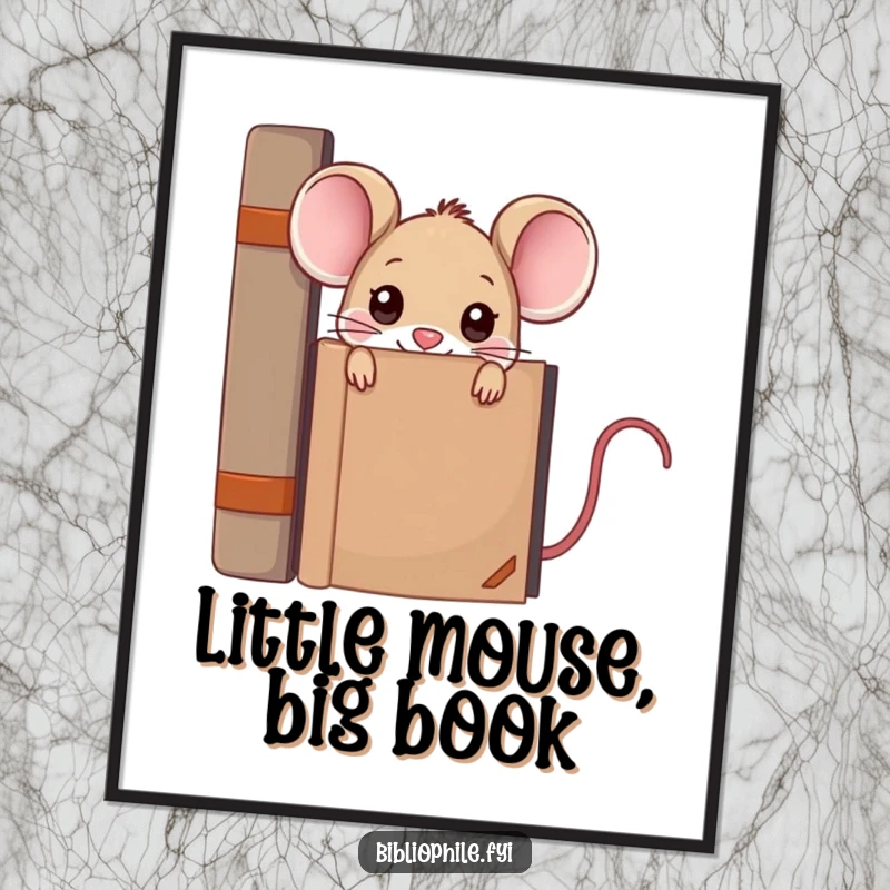 Funny kawaii mouse character peeking from behind a large encyclopedia, on a humorous and vibrant poster.