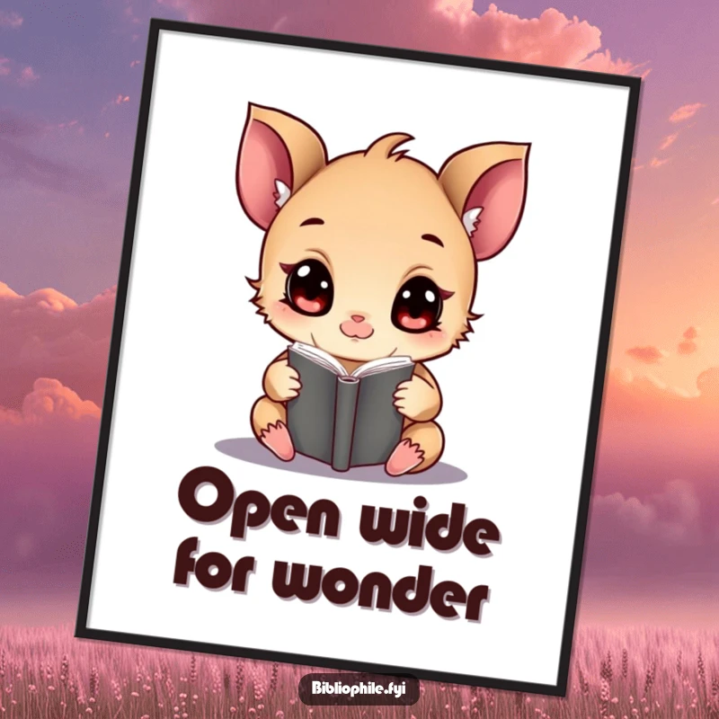 Funny tiny creature with wide eyes, engrossed in a magical-looking book, presented as an art print.