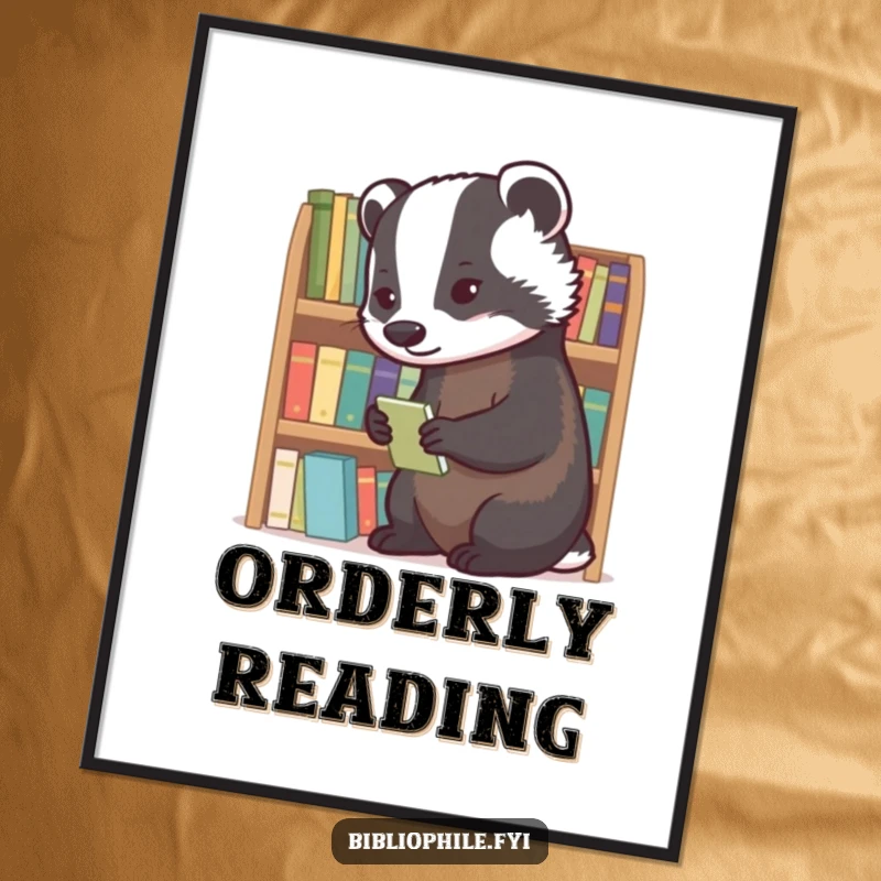 Diligent badger meticulously organizing a shelf of tiny novels, designed as a charming art print.