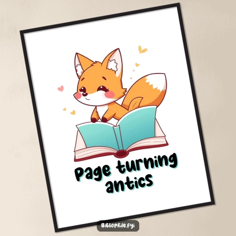 Funny Fox Poster depicting a playful fox character chasing a fluttering bookmark through an open page, ideal for reading room decor.