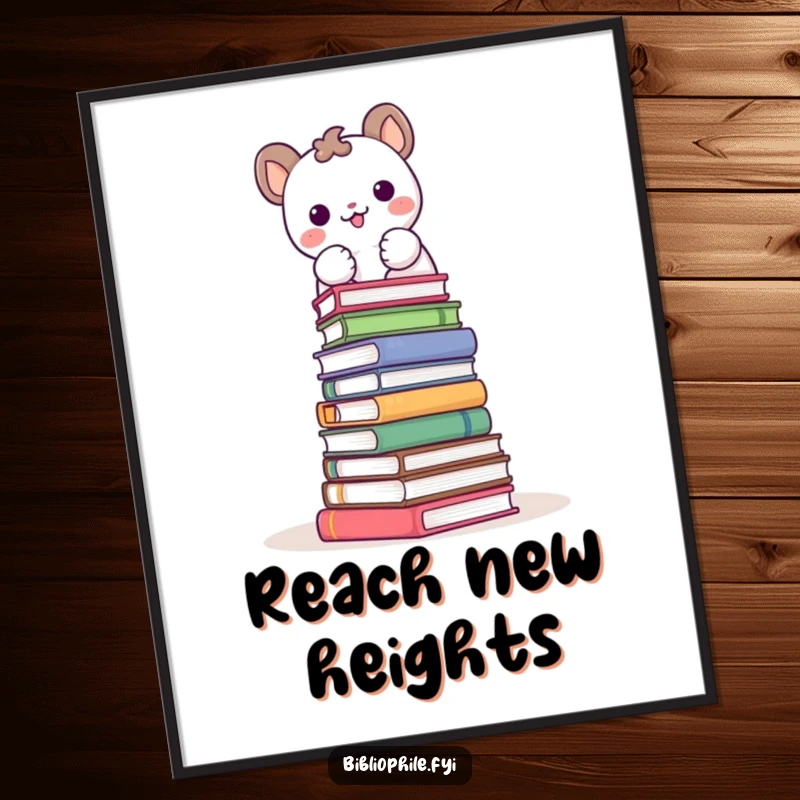 Funny poster featuring a cute animal character joyfully stacking books to build a tower, symbolizing growth and knowledge.