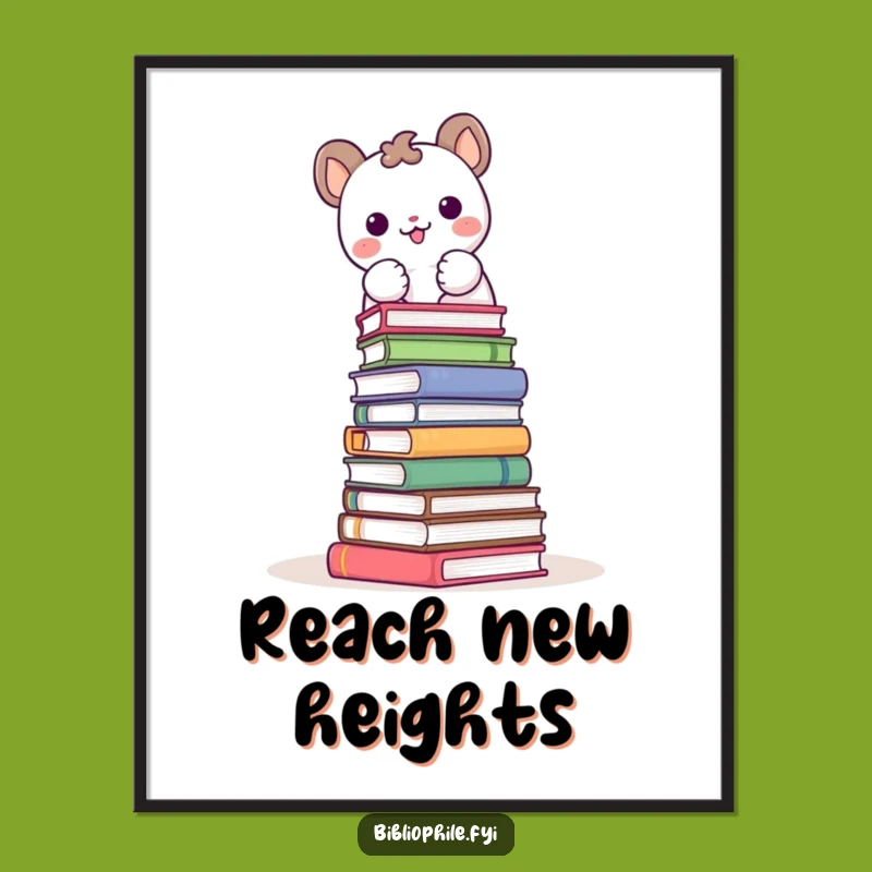 Funny Art Print: Joyful Animal Book Tower Poster Gift for Walls