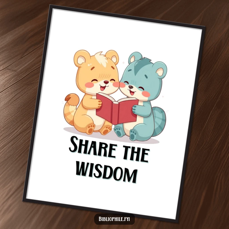 Funny poster featuring a cute animal character enthusiastically sharing an open book with another, highlighting the spirit of giving.