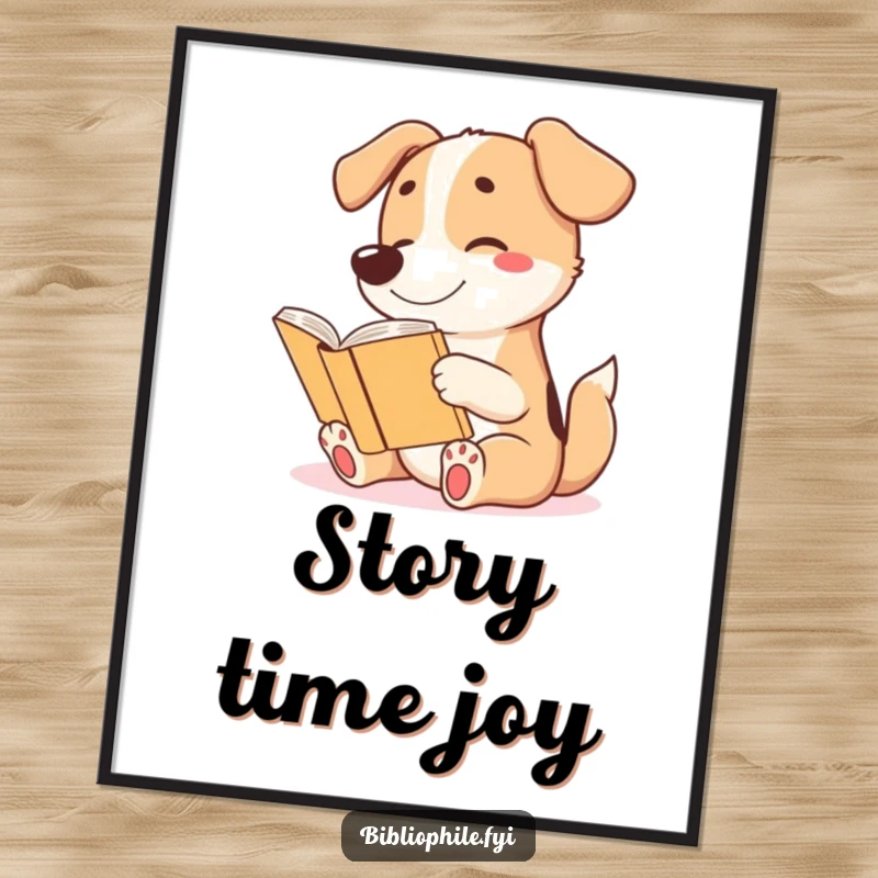 Funny poster featuring a cute dog character wagging its tail excitedly while reading a story, perfect for bookish wall art.