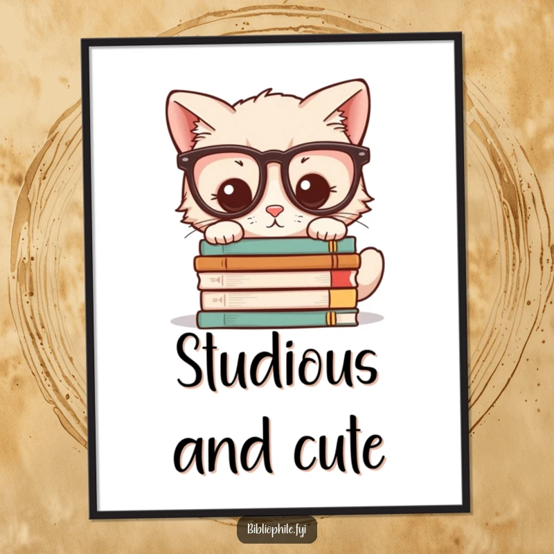 Funny poster showing a kawaii kitten wearing glasses, peering at a stack of novels, symbolizing wisdom and curiosity.