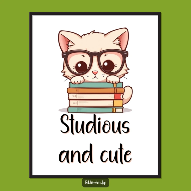 Funny Art Print: Kawaii Kitten Glasses Novel Poster Gift for Walls