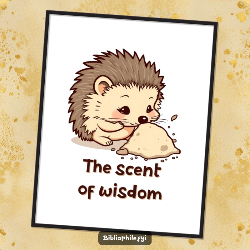Funny poster showing a curious hedgehog character sniffing a dusty tome, capturing the thrill of discovery and intellectual pursuit.