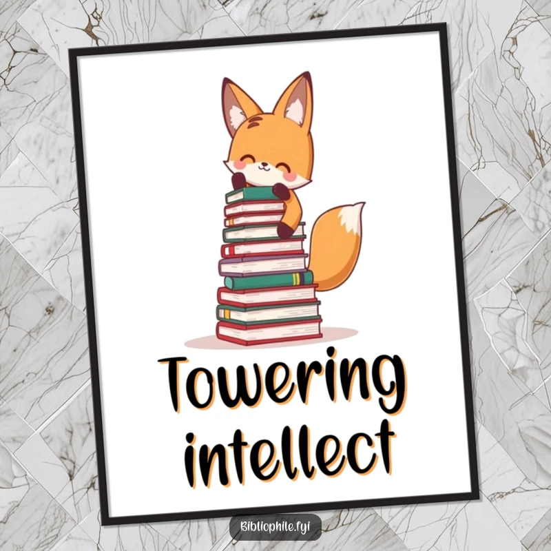 Funny Fox Poster: Adorable fox enthusiastically stacking a tall tower of books, playful wall decor.