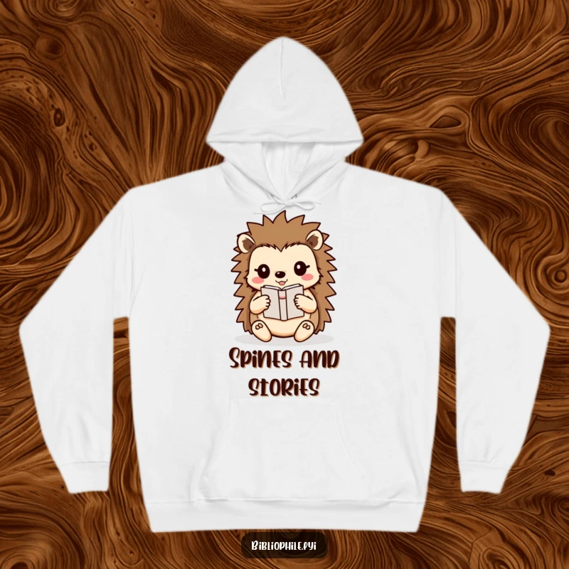 Funny Hedgehog Hoodie showing a cute hedgehog character carefully carrying a small book, offering cozy comfort and adorable literary humor.
