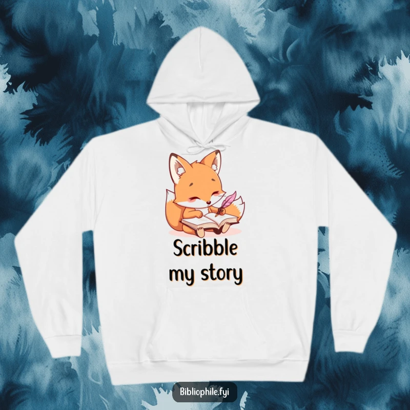 Funny kawaii fox character writing in a journal with a quill, offering cozy humor for any writer.