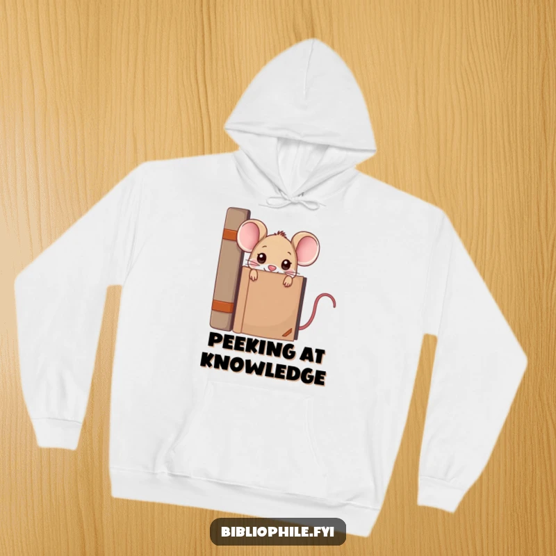 Funny kawaii mouse character peeking from behind a large encyclopedia, featured on a warm and humorous hoodie.