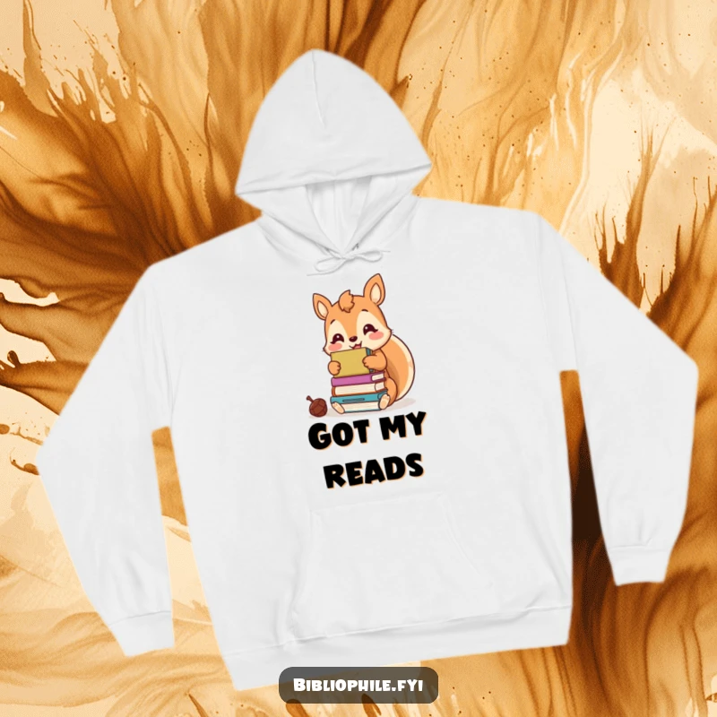 Funny kawaii squirrel character happily hoarding books like acorns, featured on a warm and humorous hoodie.