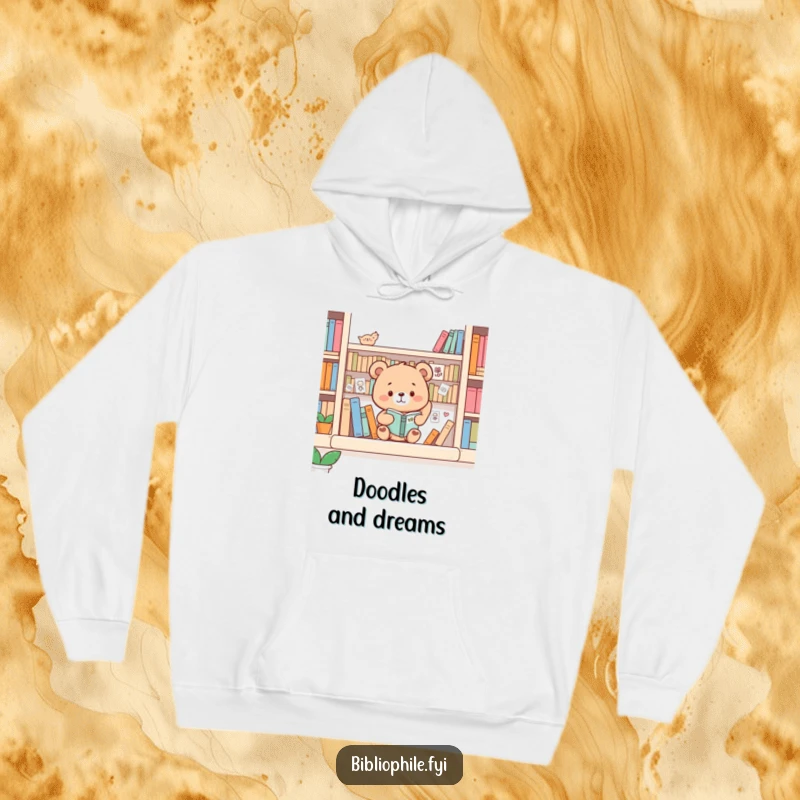 Funny Bear Hoodie: Cute bear happily decorating a bookshelf with tiny drawings, cozy and artistic.