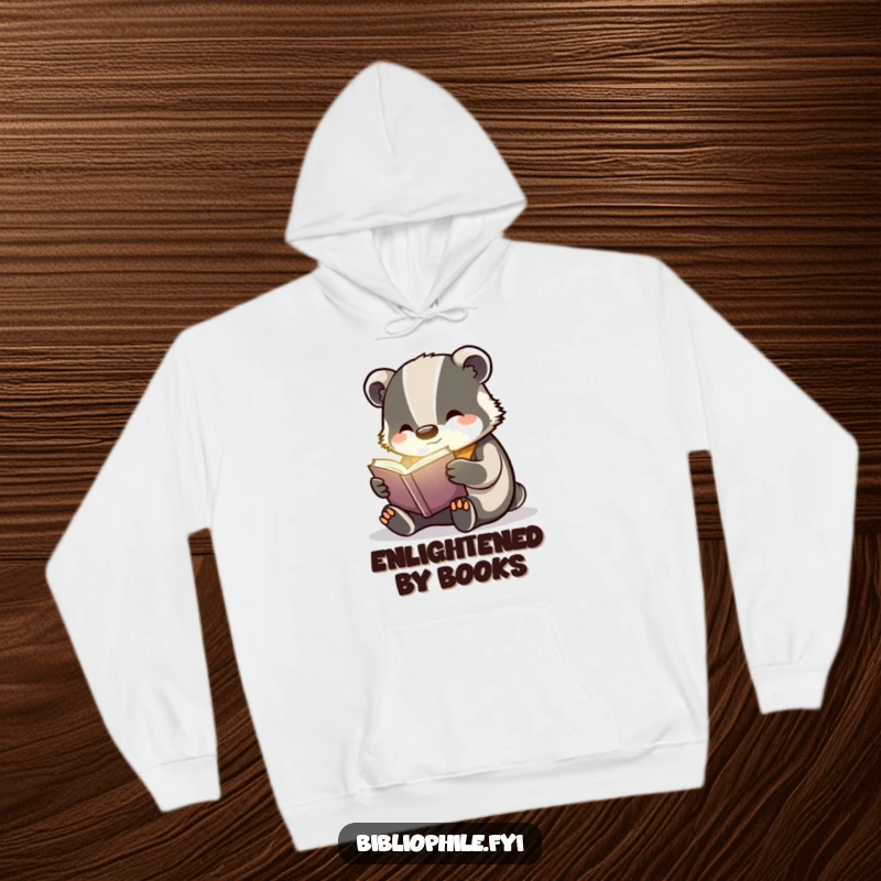 Funny cheerful badger engrossed in a glowing book, featured on a warm and comfortable hoodie.