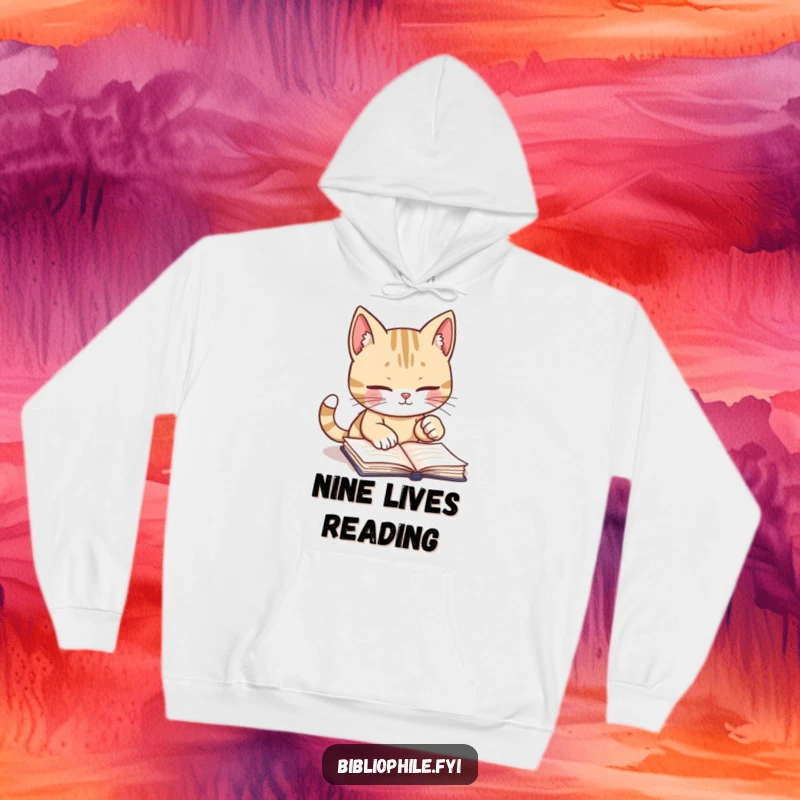 Funny hoodie featuring a cute cat character diligently marking a book page with a playful paw, cozy for bookworms.