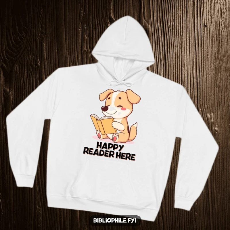 Funny hoodie featuring a cute dog character wagging its tail excitedly while reading a story, cozy for book lovers.