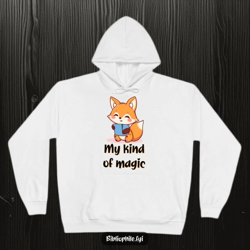 Funny hoodie with a smiling fox character finding a hidden pop-up, radiating a sense of wonder and playful discovery.