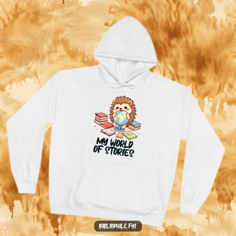 Funny hoodie with a cheerful hedgehog rolling a globe among books, offering warmth and a sense of global adventure.