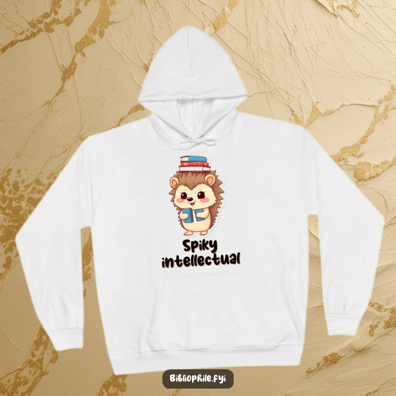 Funny hoodie featuring a playful hedgehog balancing books on its head, perfect for cozy study sessions.