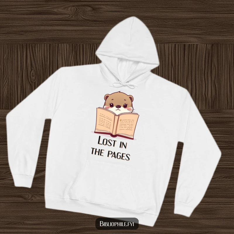 Funny hoodie showcasing a curious otter peeking from a novel, bringing warmth and humor to a cozy reading session.