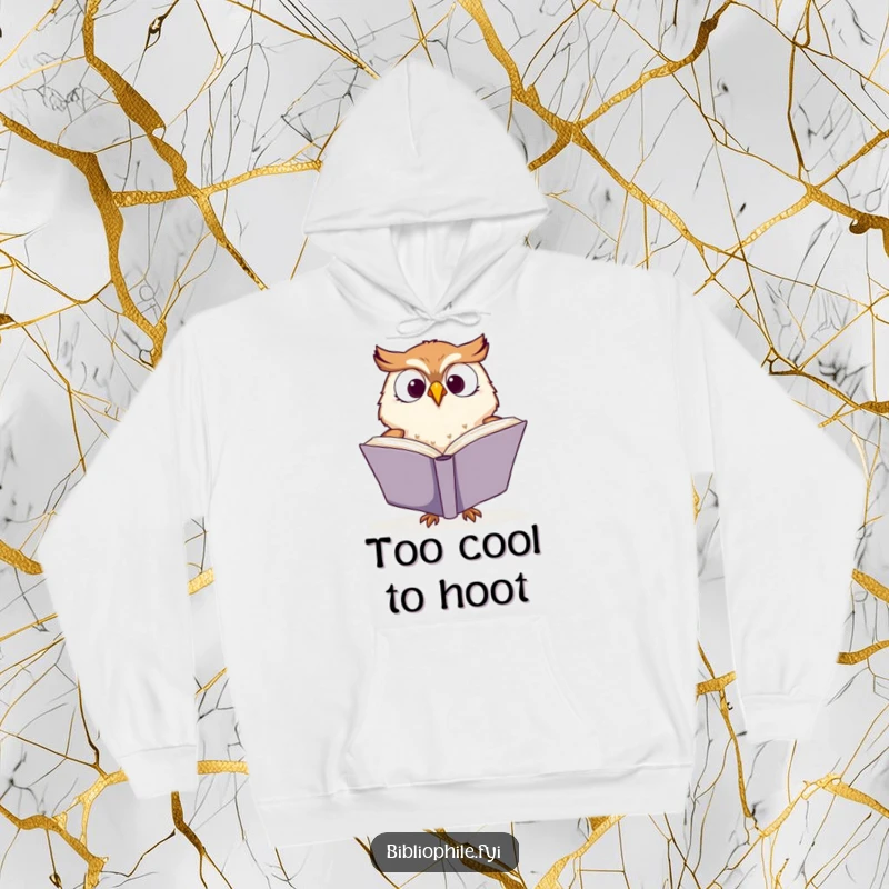 Funny hoodie depicting a cute owl character excitedly turning pages of a big book, perfect for bookish comfort and laughs.