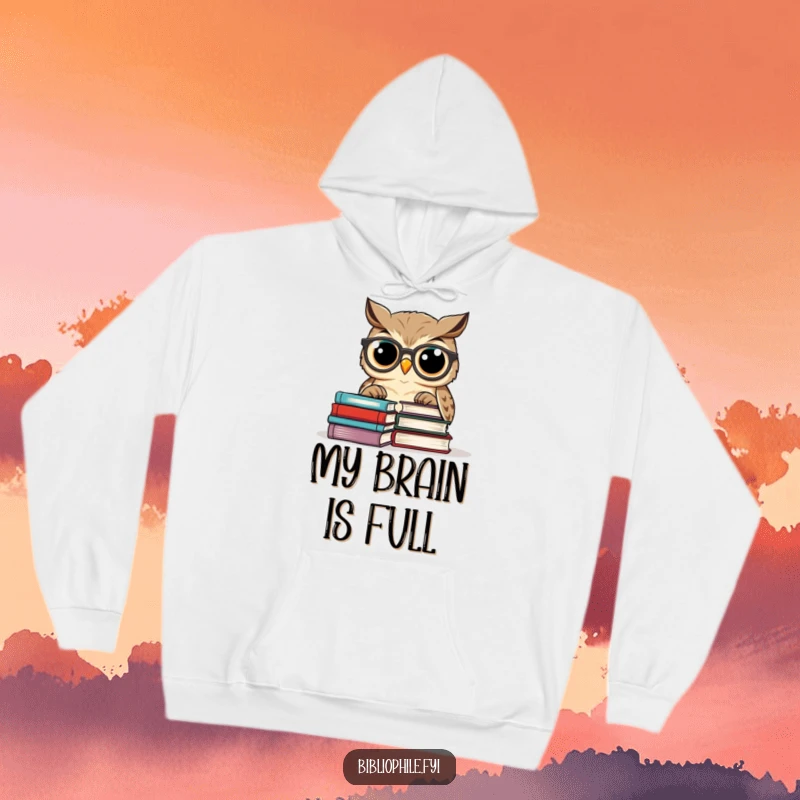 Funny owl wearing spectacles, deeply focused on a pile of books, displayed on a warm hooded sweatshirt.