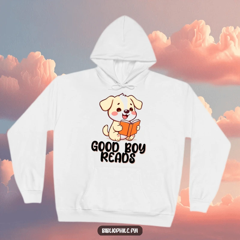 Funny kawaii dog character wagging its tail excitedly while holding a storybook, featured on a warm and humorous hoodie.