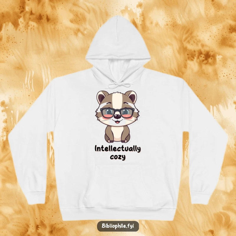 Funny hoodie with a cheerful badger character sporting reading glasses, exuding studious charm and warmth for book lovers.