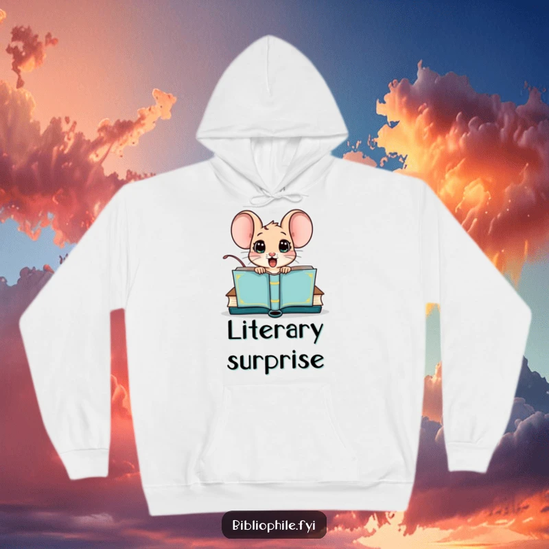 Funny hoodie showcasing a surprised mouse character emerging from a book cover, offering warmth and humor for readers.