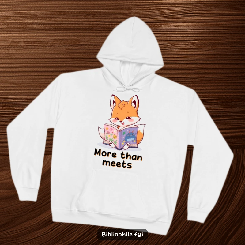 Funny fox character energetically turning book pages, cozy hoodie design, perfect for humorous, book-loving recipients.