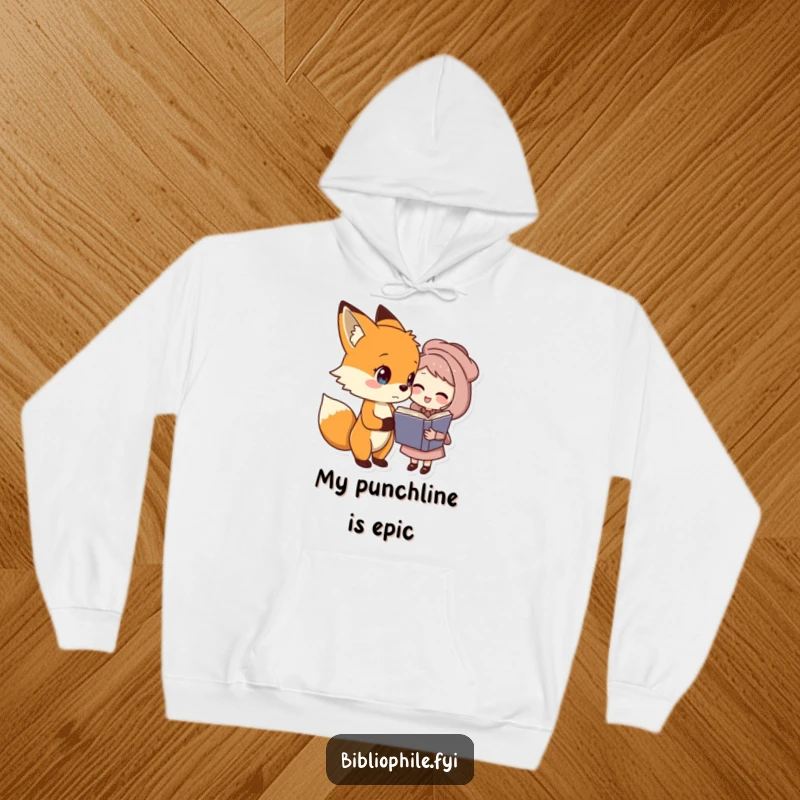 Funny fox and book character hoodie, a fox shares a joke with a book character, comfortable funny gift.