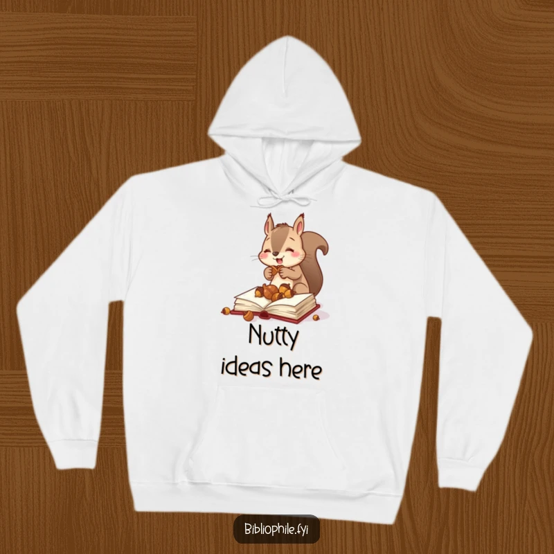 Funny squirrel stuffing acorns into a book on a cozy hoodie, depicting hoarding and preparedness with humor, a humorous gift.