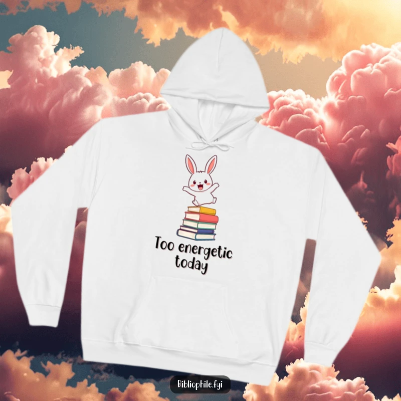 Funny hoodie featuring a cute rabbit character enthusiastically leaping over a stack of novels, perfect for book lovers.