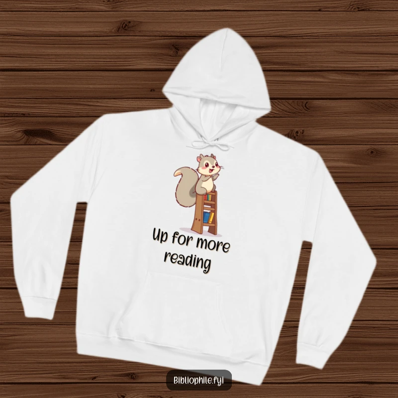 Funny squirrel energetically climbing a bookshelf ladder, featured on a cozy, warm hoodie.