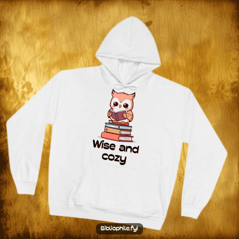Funny owl hoodie depicting a cute character engrossed in a book on a pile, cozy literary fun.
