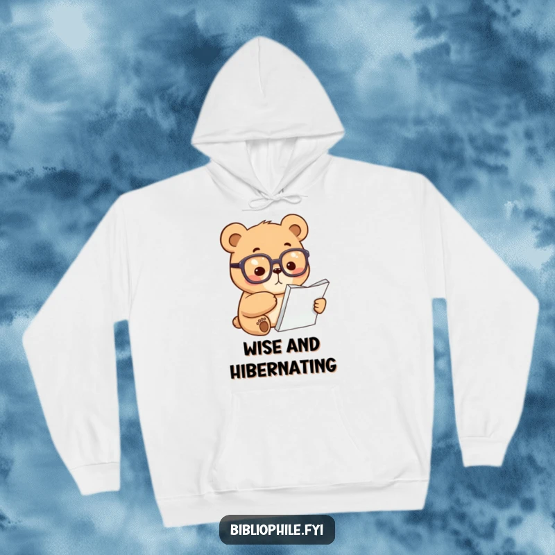 Funny Bear Hoodie: A focused bear in reading glasses points at a page, designed for cozy study and intellectual pursuits.