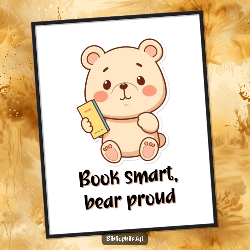 Funny Free Printable Wall Art: A proud bear holds a tiny bookmark, showcasing a love for reading and accomplishment.