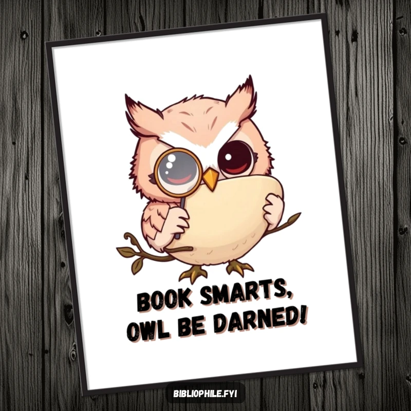 Funny free printable wall art: Tiny owl character wearing a monocle, looking intelligent while engrossed in a large, mysterious tome.