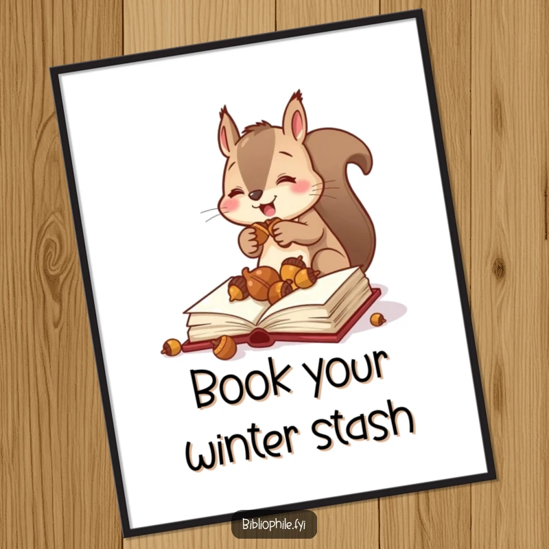 Funny Free Printable Wall Art: Busy Squirrel Enthusiastically Stuffing Acorns into a Hollowed Book, Whimsical Nature Decor