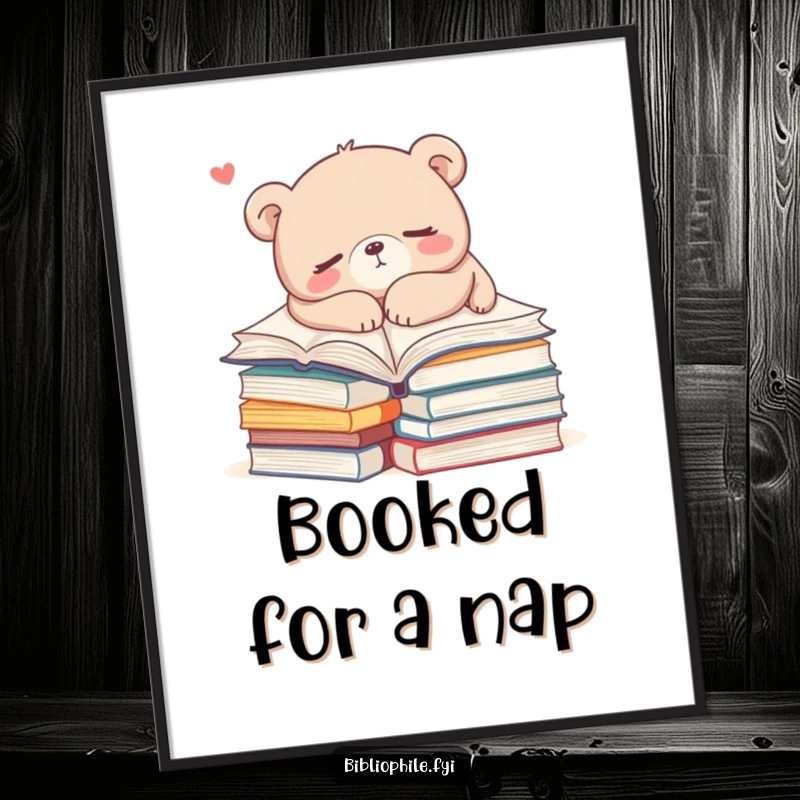 Funny Free Printable Wall Art: Cute Bear Blissfully Sleeping on a Pile of Open Books, Relaxing Home Decor