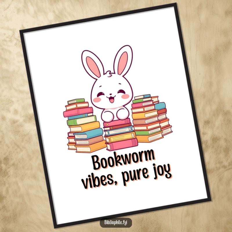 Funny Free Printable Wall Art featuring a kawaii bunny surrounded by books, radiating happiness, perfect for whimsical downloadable decor.