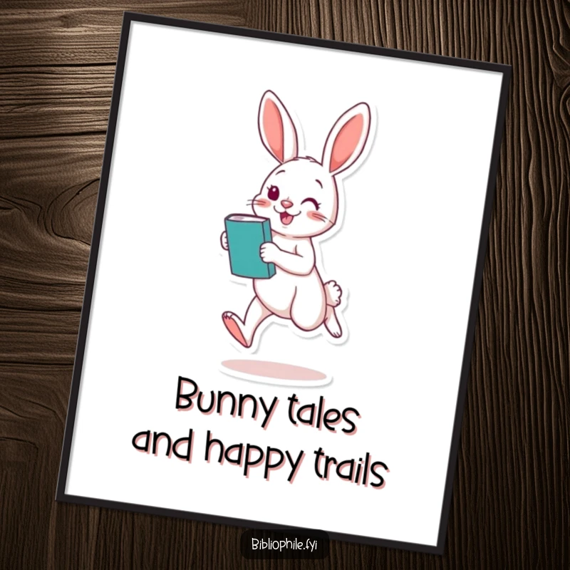 Funny Free Printable Wall Art: A playful rabbit hopping energetically with a book tucked under its arm.