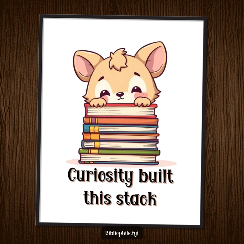Funny Free Printable Wall Art: A cute animal with wide, curious eyes peeks over a very large, imposing stack of books.
