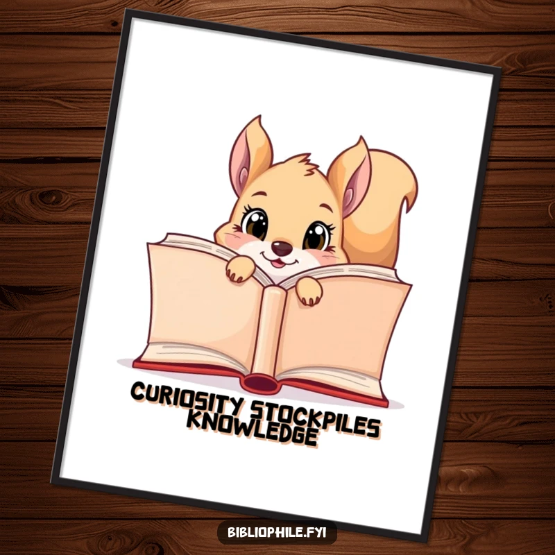 Funny Free Printable Wall Art: A curious squirrel with bright eyes peeks from behind a very large open book.